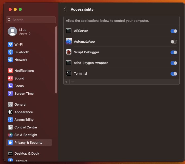 Accessibility permissions settings page