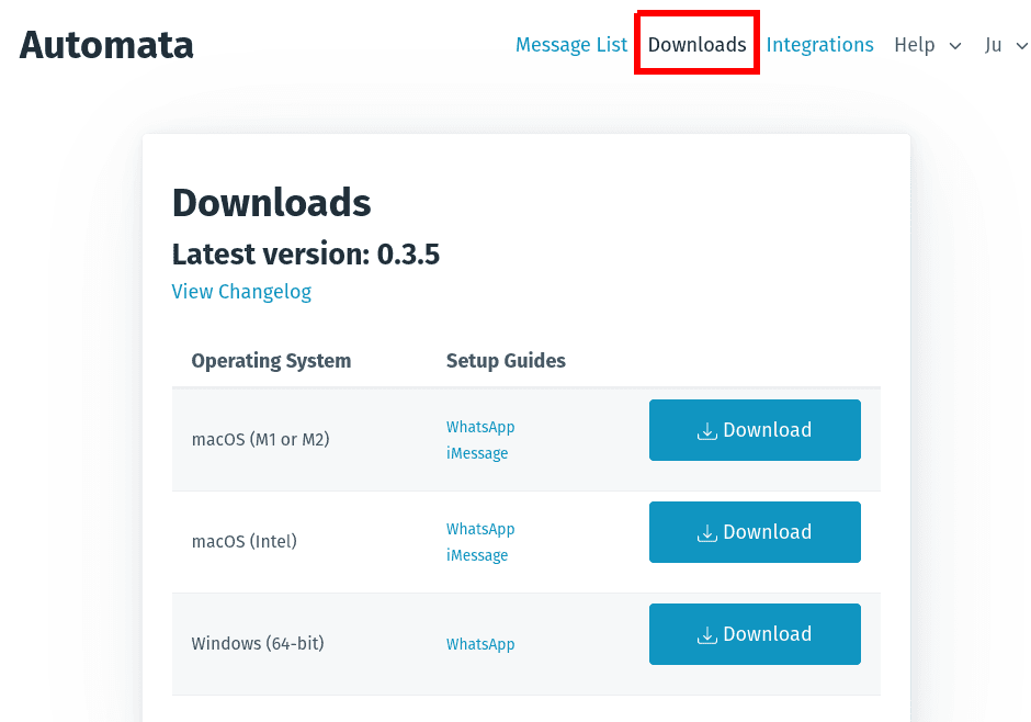 Download Automata Desktop from the web interface